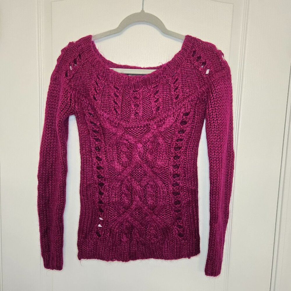Open knit Cable knit sweater, Mohair, Long sleeve, XS, Mango, fuchsia